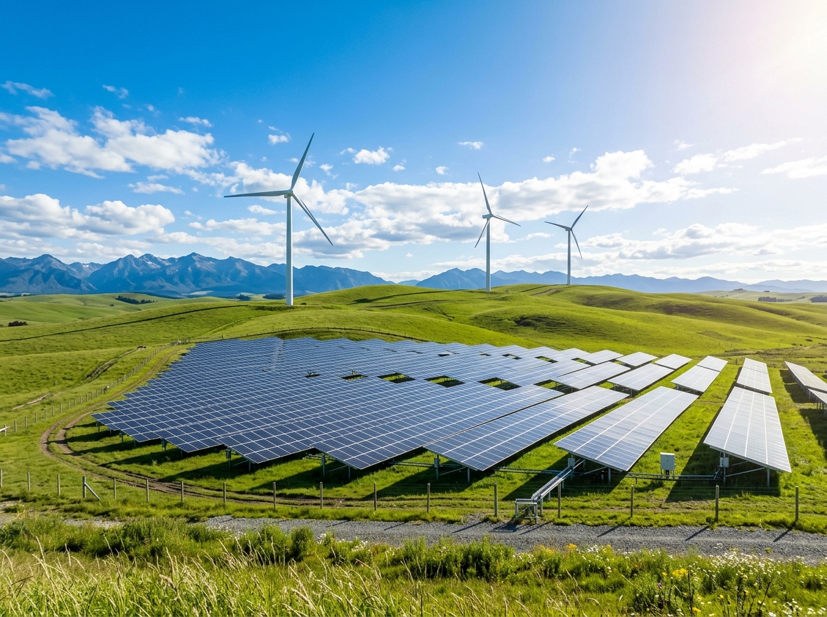 Renewable energy infrastructure showing solar panels and wind turbines